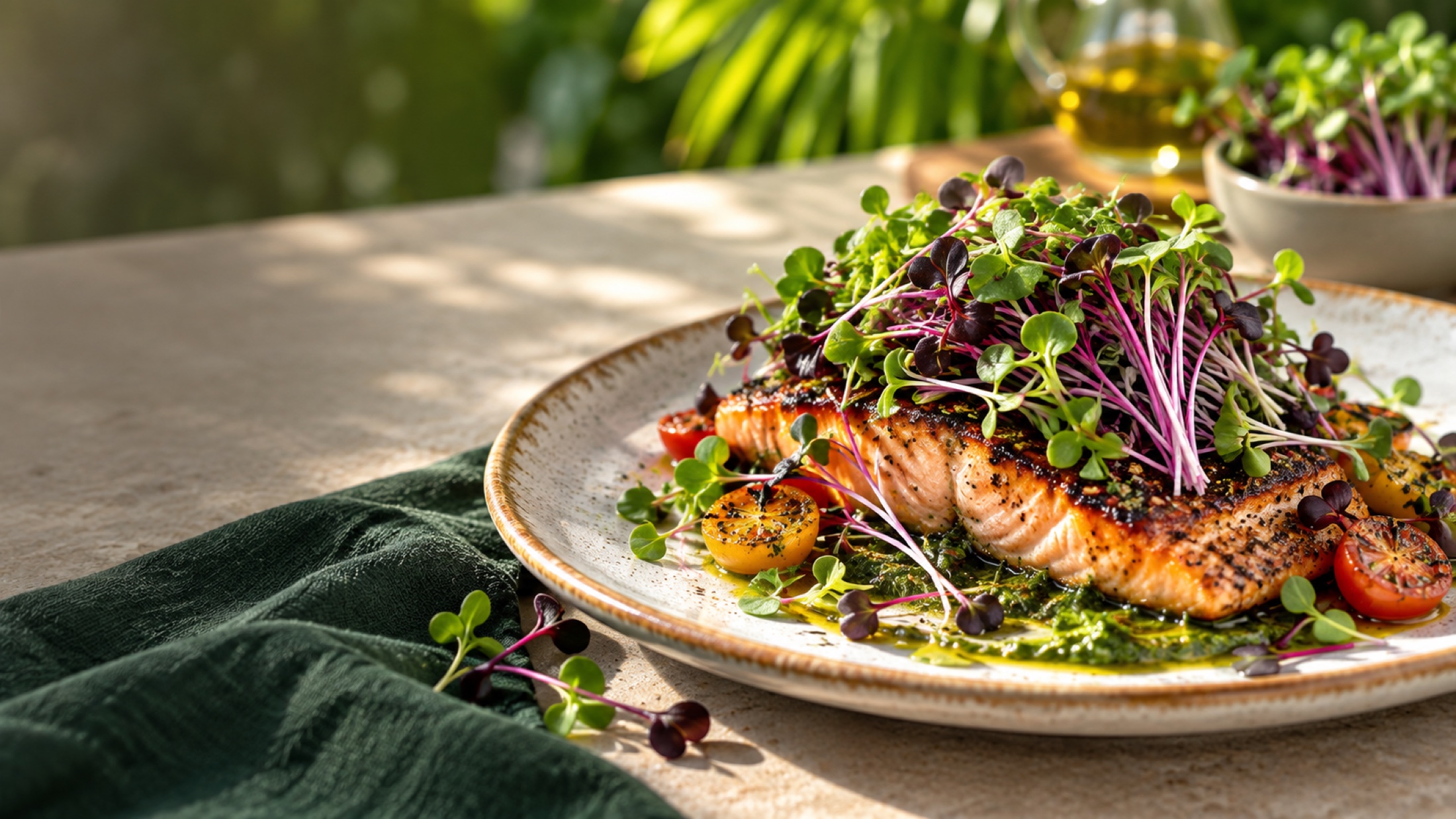 Plato de restaurante terminado con microgreens frescos